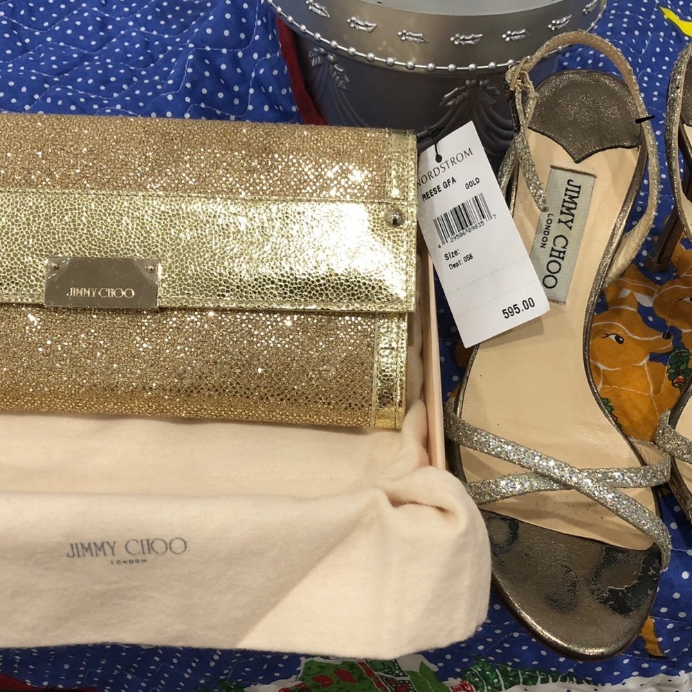 Gorgeous Jimmy Choo Gold shoes, worn once, rubber heels like new  $500, 360
